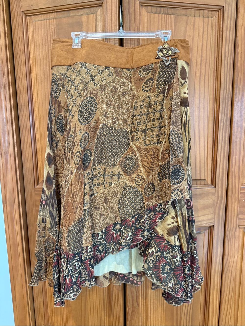 Boho Patchwork Midi Skirt in Brown